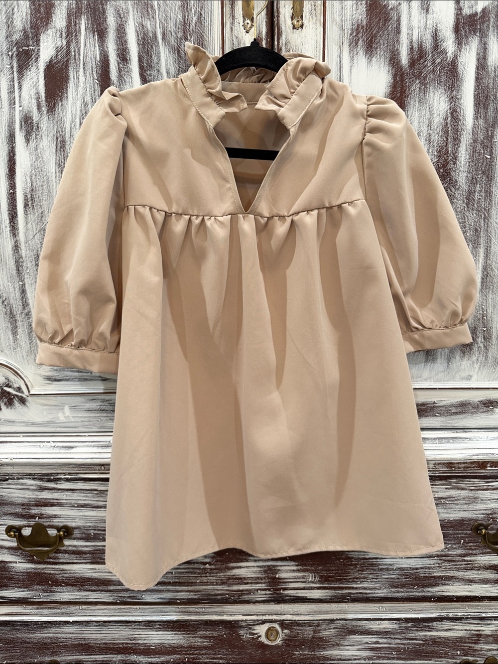 Ruffled Collar Babydoll Dress in Soft Beige